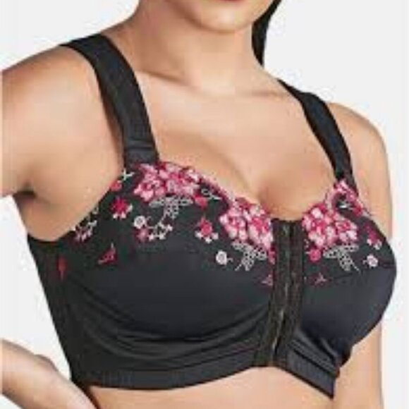 NEW ~ BLACK & RED EMBROIDERY FLOWERS FRONT CLOSE POSTURE BRA 38DD - Picture 1 of 15